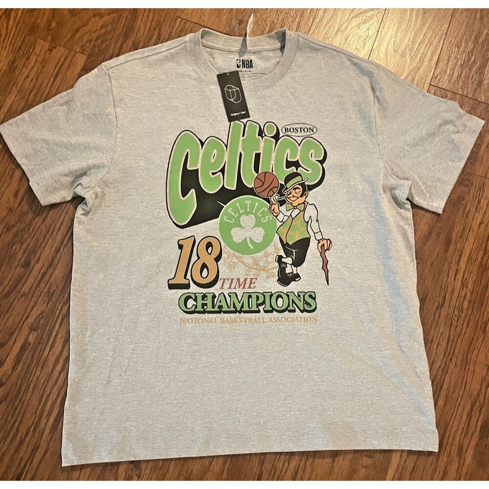 NBA Boston Celtics 18-Time Champions Gray Shirt Size L Basketball NWT Larry Bird